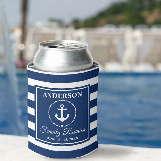 Enfriador De Latas Ancla Náutica Rope Blue Stried Family Reunion (Customize to change text size or text style.)