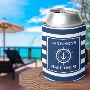 Enfriador De Latas Ancla Náutica Rope Helm Blue Striped Beach House
