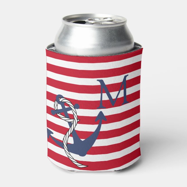 Enfriador De Latas Anclaje de la marina monograma rojo de banda blanc (Lata Anverso)