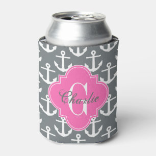 Enfriador De Latas Anclas Blancas, Monograma de Nombre en Rosa Calien