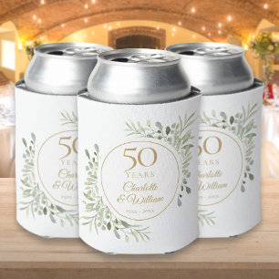 Enfriador De Latas Aniversario de Bodas de Oro Acuarela Verde