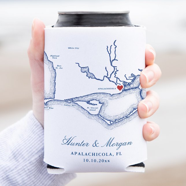 Enfriador De Latas Apalachicola Florida Map Favor de la Boda (Apalachicola Wedding Favor Can Coozie with Elegant navy blue Florida map from Coastal Map Designs)