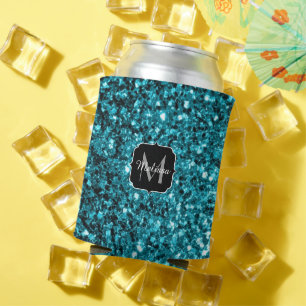 Enfriador De Latas Aqua azul brillante purpurina chispas Monograma