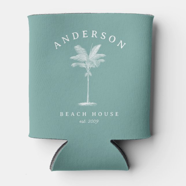 Enfriador De Latas Aqua Verde azulada Palm Tree Beach House (Anverso)