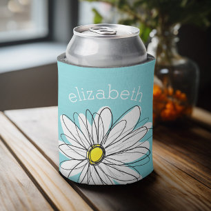 Enfriador De Latas Aqua y Yellow Whimsical Daisy Personalizado Textos