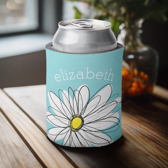 Enfriador De Latas Aqua y Yellow Whimsical Daisy Personalizado Textos (Personalized can cooler with a place to add a name or other custom text)