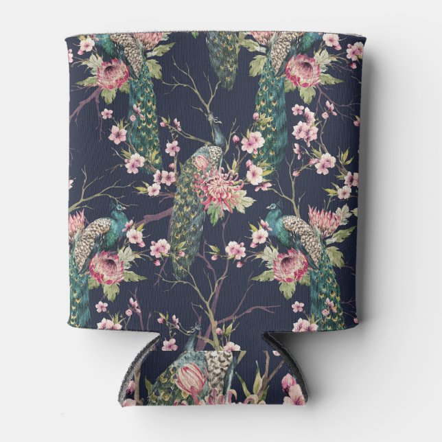 Enfriador De Latas Árbol de cerezas de pavo real, patrón de acuarela. (Anverso)