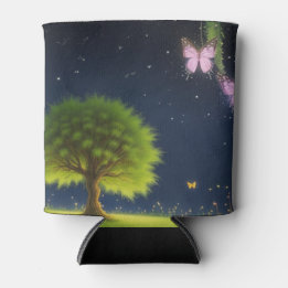 Enfriador De Latas Árbol silvestre nocturno con mariposas y luciérnag