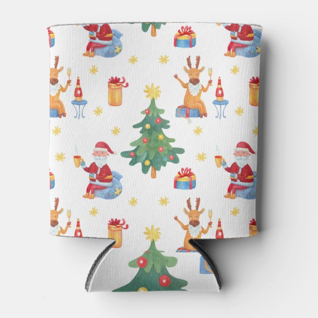Enfriador De Latas Árboles de Navidad, Santa: patrón de acuarela. (Anverso)