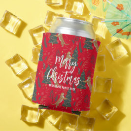 Enfriador De Latas Árboles de Navidad y tigres patrón fondo rojo