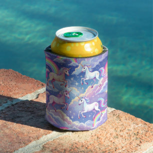 Enfriador De Latas Arcoíris brillante y unicornios en nubes