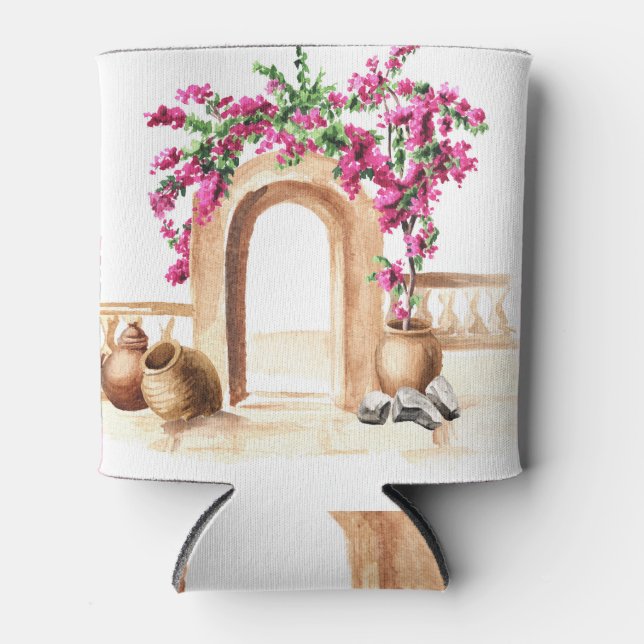 Enfriador De Latas arquitectura mediterránea, flores, acuarela, h (Anverso)