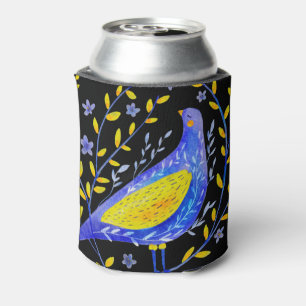 Enfriador De Latas Arte moderno de aves azules y amarillas en acuarel