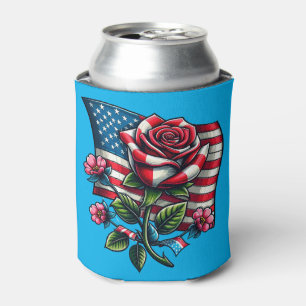 Enfriador De Latas Arte patriótico de rosa de bandera estadounidense