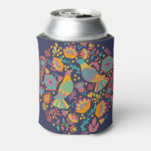 Enfriador De Latas Arte Popular Mexicano Colorido Pájaros y Flores Az