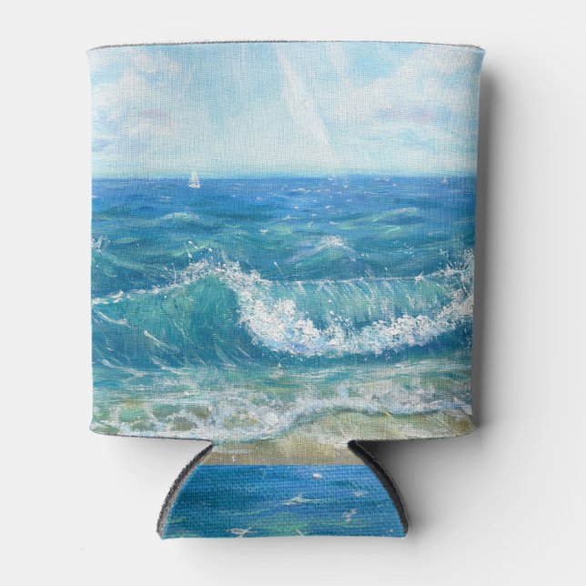 Enfriador De Latas Ataque de verano, olas azules, pintura acrílica. (Anverso)