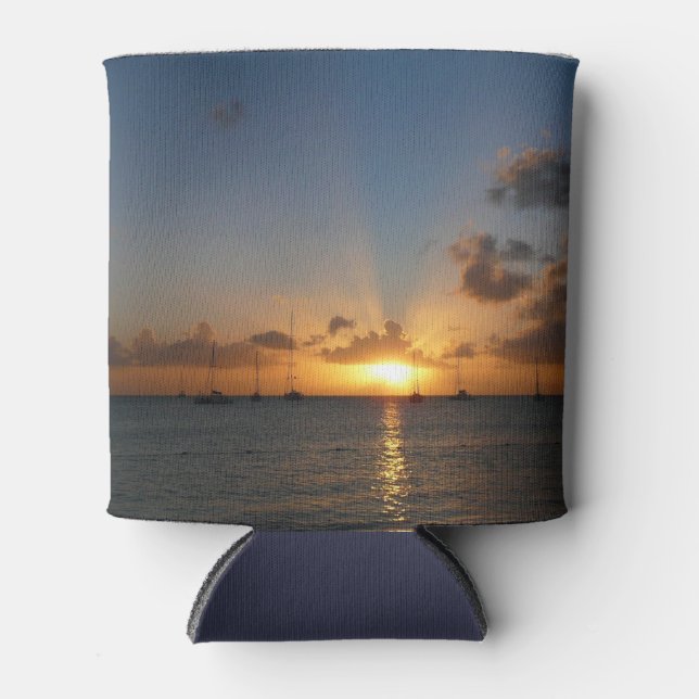 Enfriador De Latas Atardecer con veleros paisaje tropical foto (Anverso)