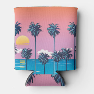Enfriador De Latas Atardecer tropical: Ilustracion de playa vintage