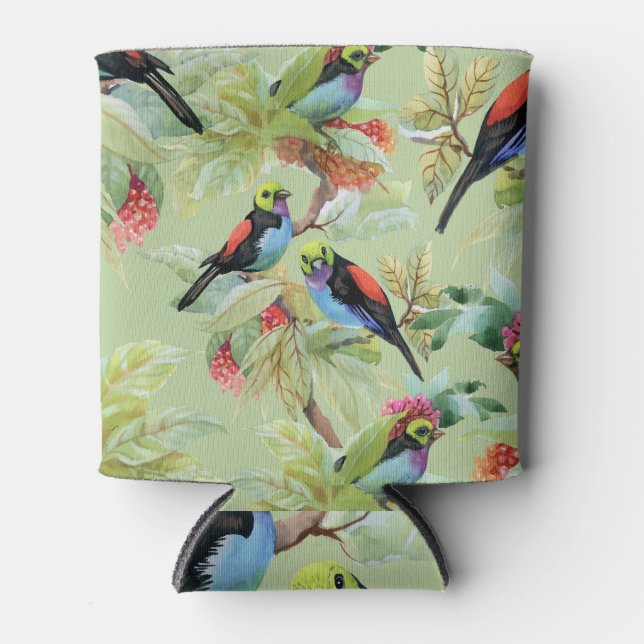 Enfriador De Latas Aves con flores de verano: patrón tropical (Anverso)