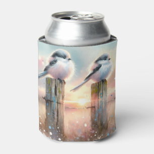 Enfriador De Latas Aves de acuarela pastel en un poste de cerca al at