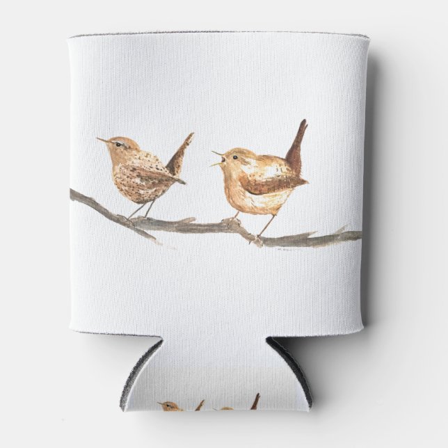 Enfriador De Latas Aves de Cute Wrens acuarela silvestres de bosques (Anverso)