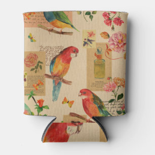 Enfriador De Latas Aves exóticas y flores: Collage de color de agua d
