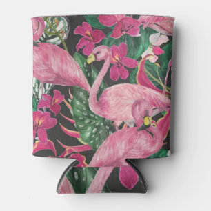 Enfriador De Latas Aves Flamingo: Patrón acuarela tropical