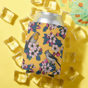 Enfriador De Latas Aves y flores en amarillo