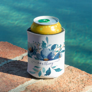Enfriador De Latas Azul brillante personalizado floral acuarela