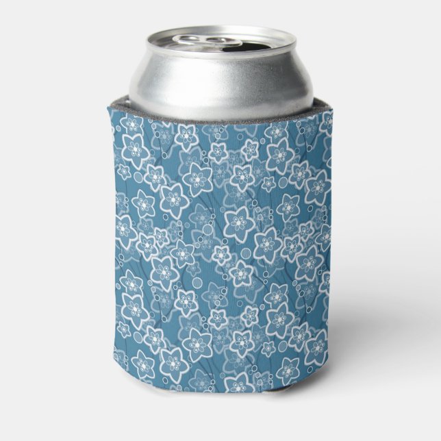 Enfriador De Latas azul con blanco, azul, flores, floral, rústico, fa (Reverso de la lata)