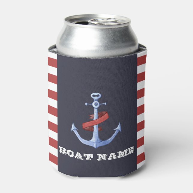 Enfriador De Latas Azul de la Marina de Ancla Náutica, franjas rojas (Lata Anverso)