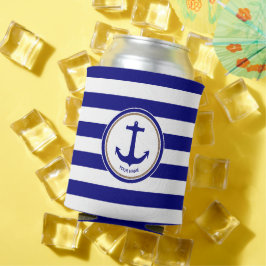 Enfriador De Latas Azul marino rayas blancas y ancla