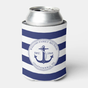 Enfriador De Latas Azul náutico del monograma del ancla de la reuni