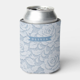 Enfriador De Latas Azul Personalizado de Encaje Floral Elegante Román