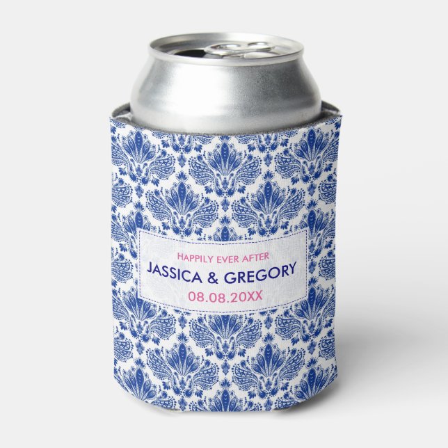 Enfriador De Latas Azul Real Sobre Damascos Elegantes Blancos (Lata Anverso)