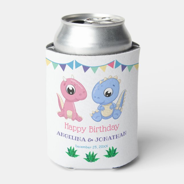 Enfriador De Latas Baby Dinosaur Boy and Girl Joint Birthday  (Lata Anverso)
