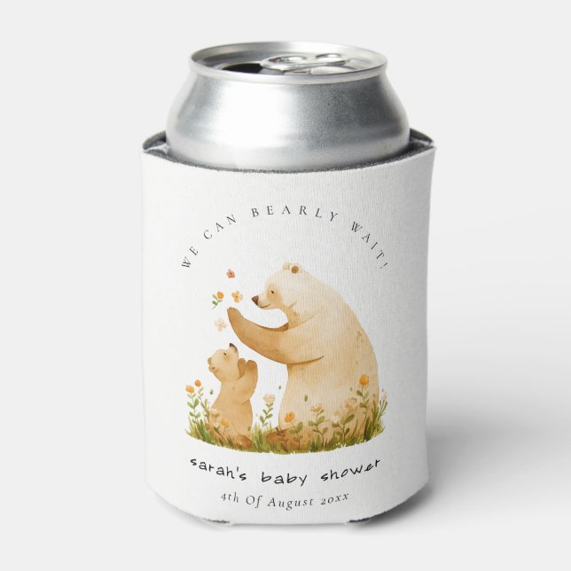 Enfriador De Latas Baby Mom Bearly Wait Floral Neutal Baby Shower (Lata Anverso)