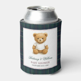 Enfriador De Latas Baby Shower clásico con placa verde de oso preppy