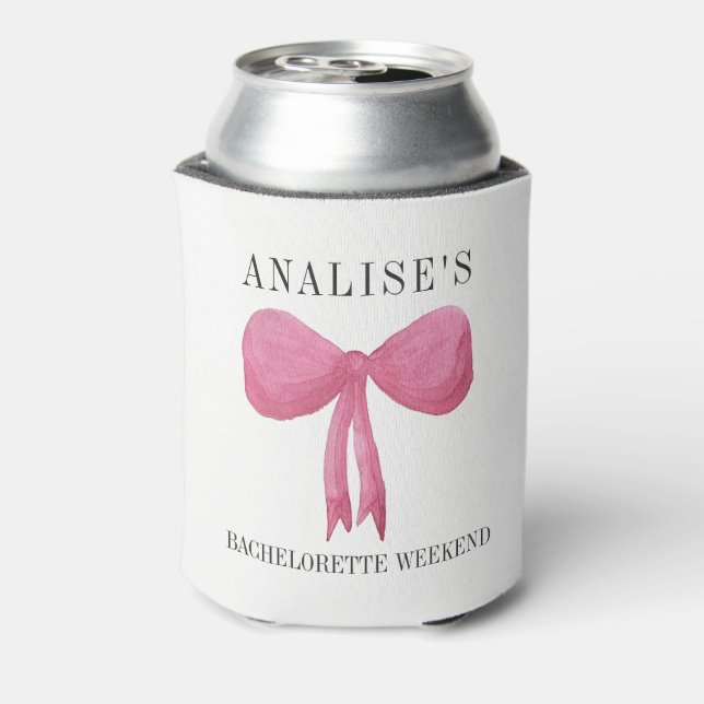 Enfriador De Latas Bachelorette Party Coozie Cooler Pastel Rosa Bow (Reverso de la lata)