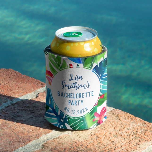 Enfriador De Latas Bachelorette Personalizado de acuarela tropical (Piscina in situ)