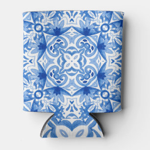Enfriador De Latas Baldosa azul blanca, acuarela sin costura.
