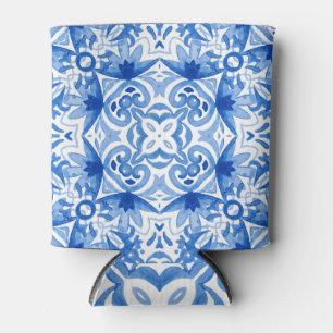 Enfriador De Latas Baldosa azul blanca, acuarela sin costura.