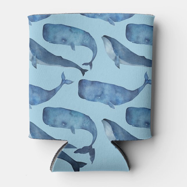 Enfriador De Latas Ballena acuarela: patrón azul sin costuras. (Anverso)