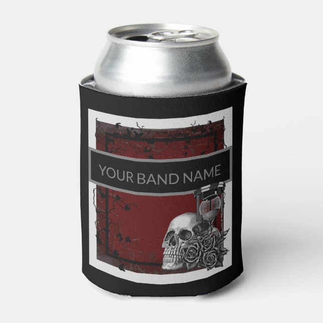 Enfriador De Latas Banda de nombres personalizada Merch Skull Rosa Ro (Lata Anverso)