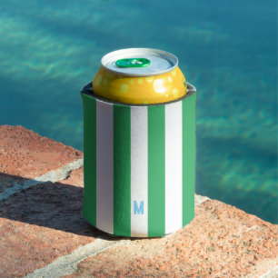 Enfriador De Latas Banda verde de cabana y monograma azul personaliza