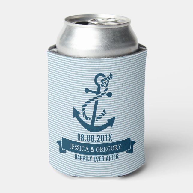 Enfriador De Latas Bandas Azules Y Blancas Y Anclaje Náutico De Barco (Lata Anverso)