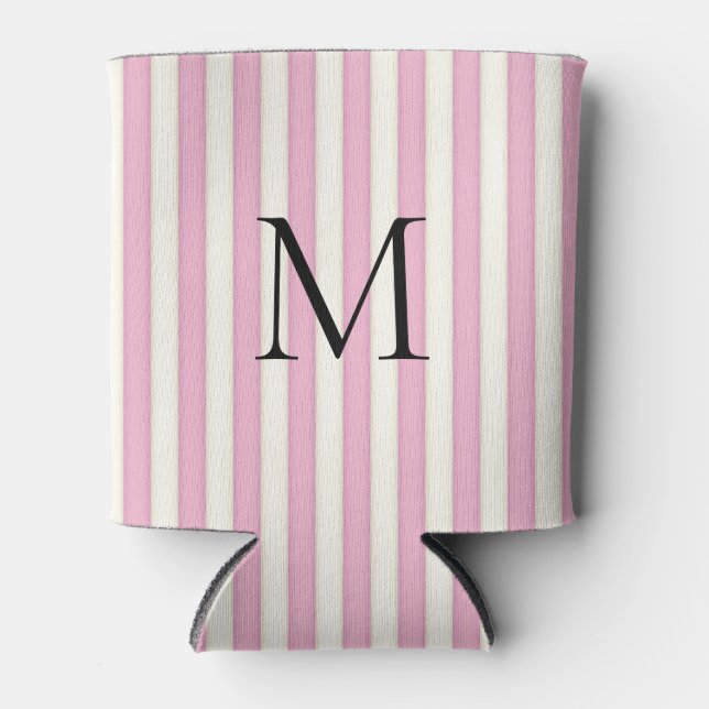 Enfriador De Latas Bandas de marfil y rosado monogramadas (Anverso)