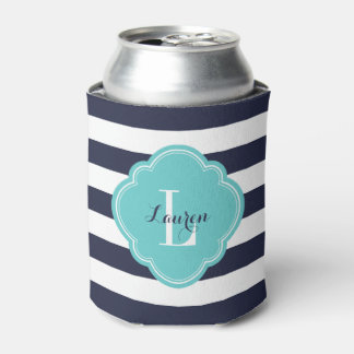Enfriador De Latas Bandas de perrito azul y turquesa de la marina Mon