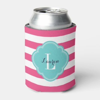 Enfriador De Latas Bandas de Preppy Turquesa y Rosa Caliente Monogram