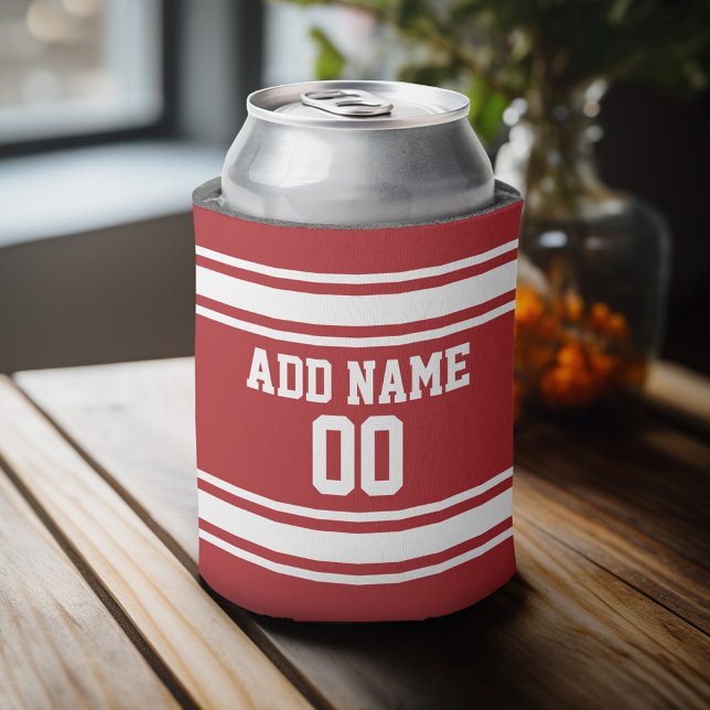 Enfriador De Latas Bandas rojas y blancas con nombre y número (Personalized Can Cooler - add a name and custom text to this sports jersey design)